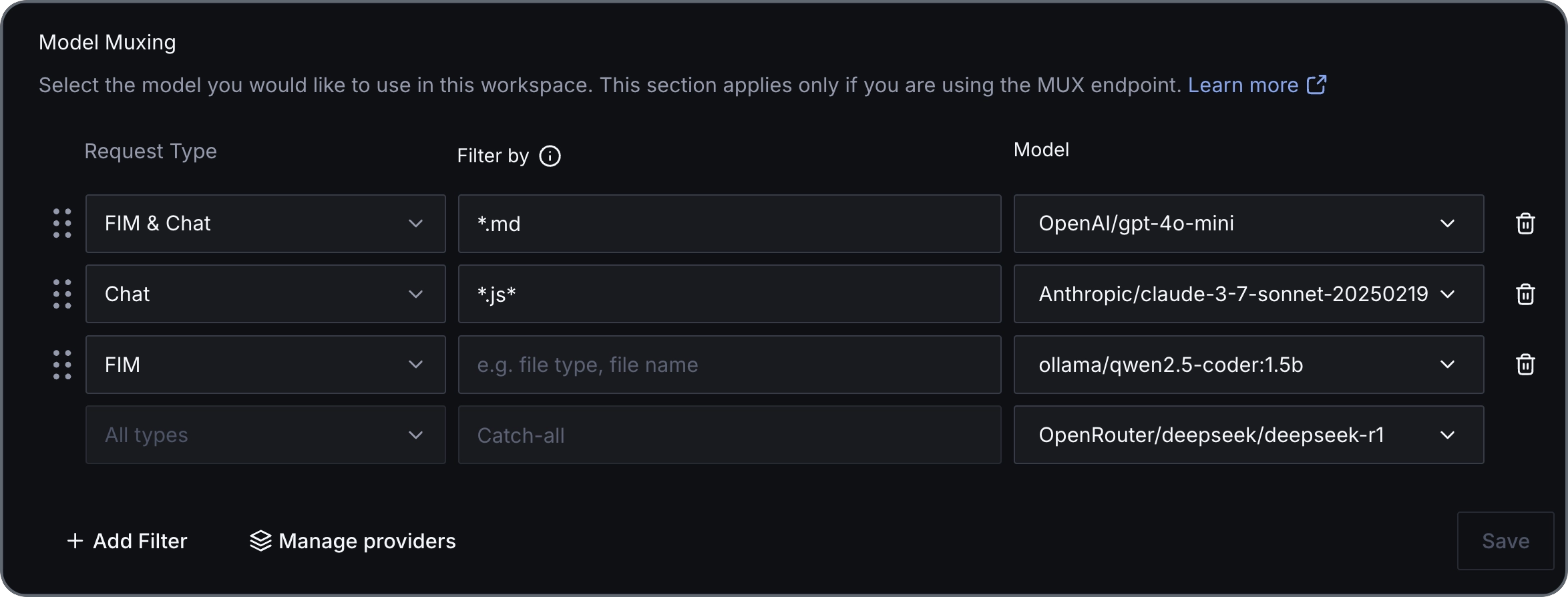 An example showing several muxing rules for different file types