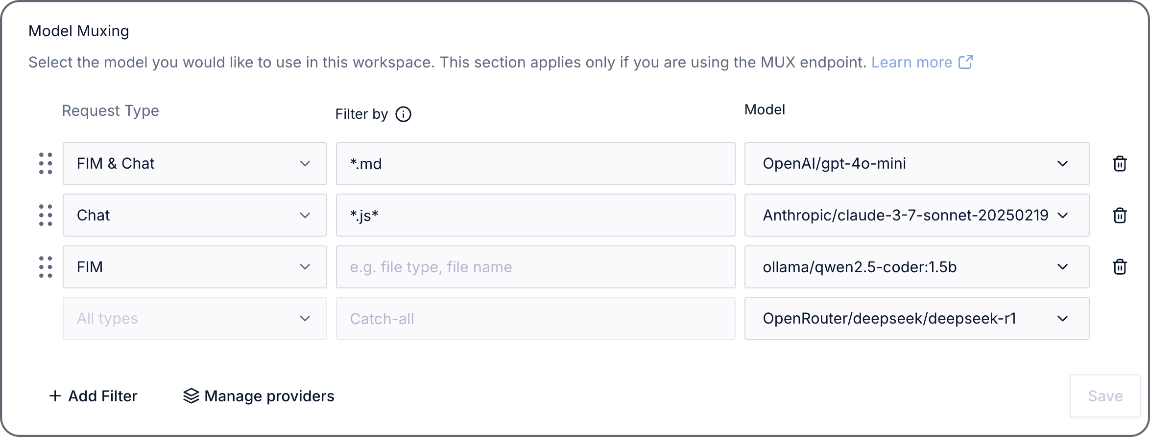 An example showing several muxing rules for different file types